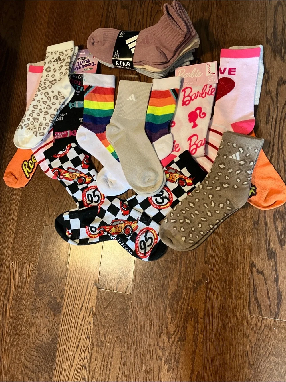 Mixed women/kids Character Socks Bundle( Barbie/balega/adidas/race-car/love)